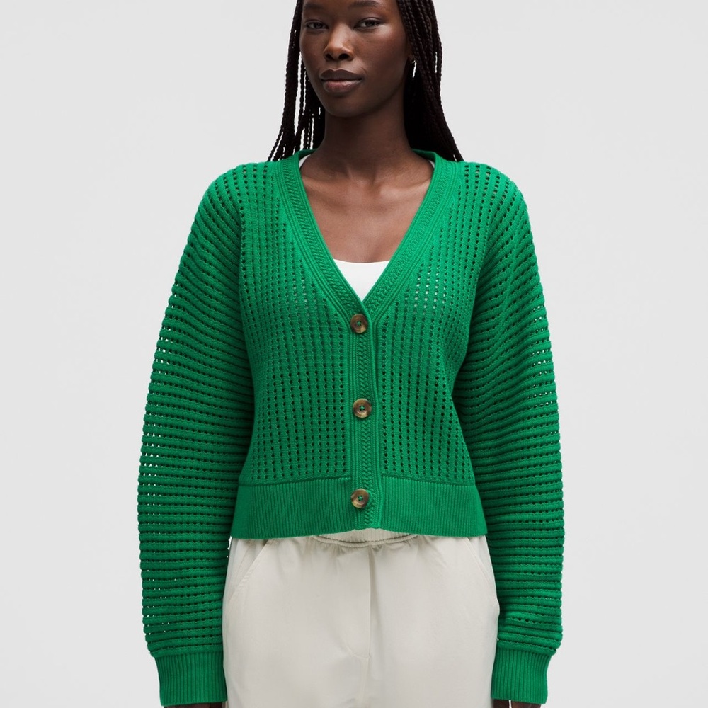 NWT Lululemon Cotton Crochet Mesh Relaxed-Fit Cardigan Size S in Raceway Green